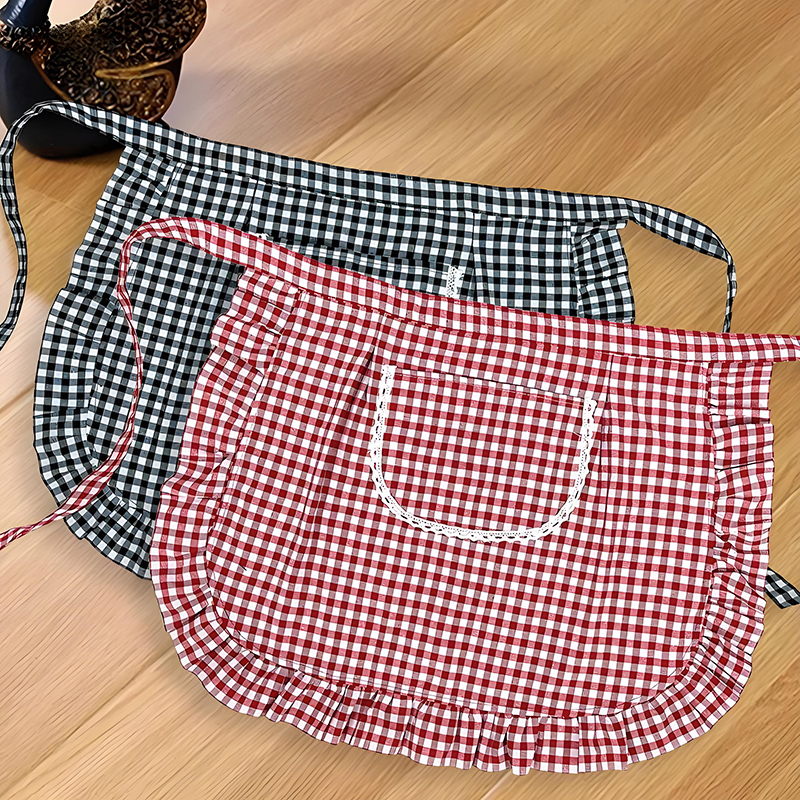 Half Waist Square Check Apron  - Home Cooking On avaliação e preço
